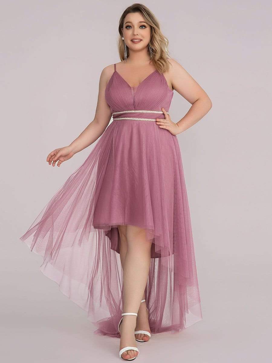 Plus Size V Neck High-low Hem Pleated Tulle Prom Dress #color_Purple Orchid 