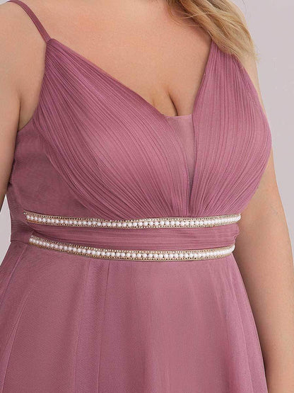 Plus Size V Neck High-low Hem Pleated Tulle Prom Dress #color_Purple Orchid 