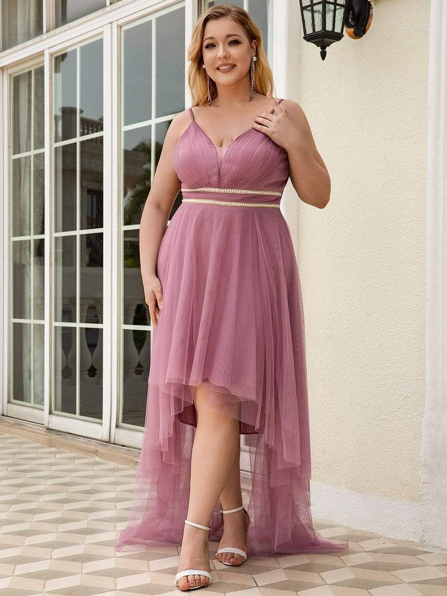 Plus Size V Neck High-low Hem Pleated Tulle Prom Dress #color_Purple Orchid 