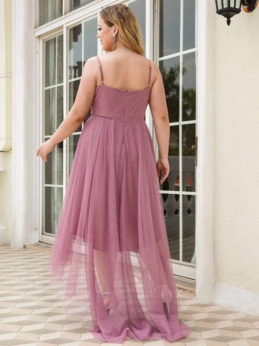 Plus Size V Neck High-low Hem Pleated Tulle Prom Dress #color_Purple Orchid 