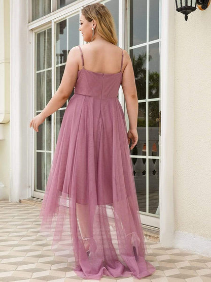 Plus Size V Neck High-low Hem Pleated Tulle Prom Dress #color_Purple Orchid 