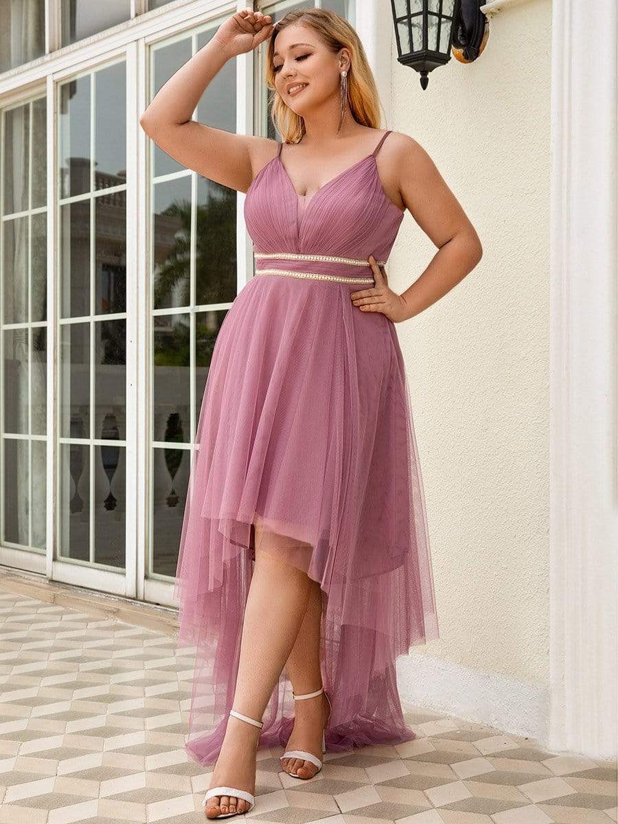 Plus Size V Neck High-low Hem Pleated Tulle Prom Dress #color_Purple Orchid 