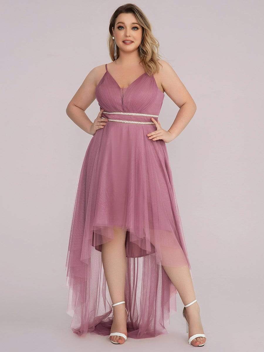 Plus Size V Neck High-low Hem Pleated Tulle Prom Dress #color_Purple Orchid 