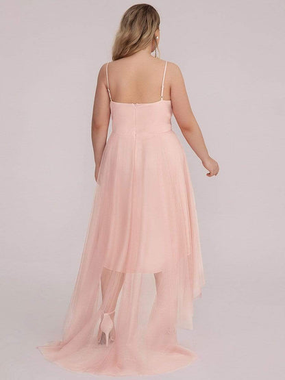 Plus Size V Neck High-low Hem Pleated Tulle Prom Dress #color_Pink 