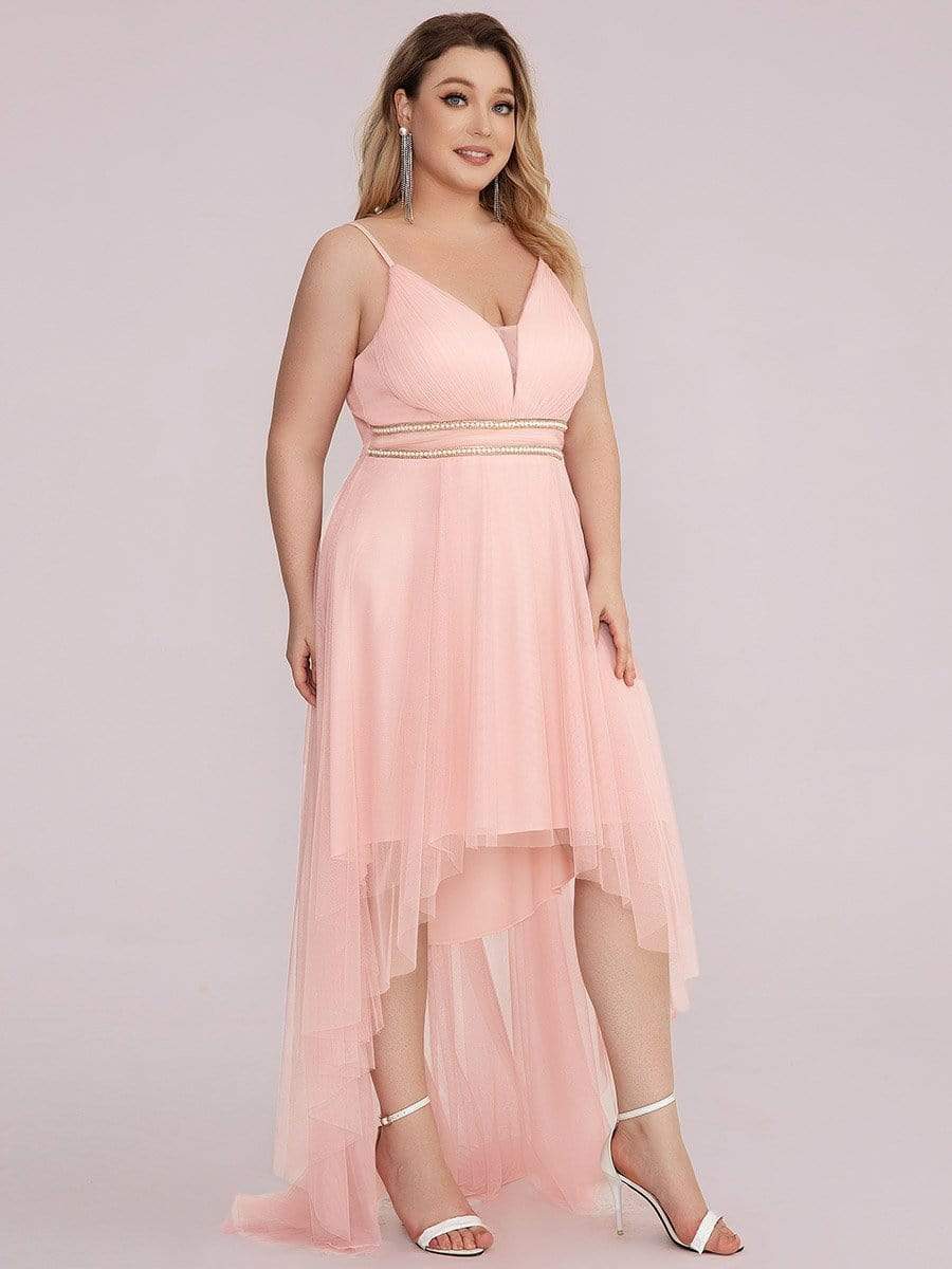 Plus Size V Neck High-low Hem Pleated Tulle Prom Dress #color_Pink 