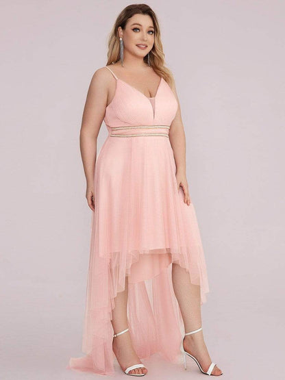 Plus Size V Neck High-low Hem Pleated Tulle Prom Dress #color_Pink 