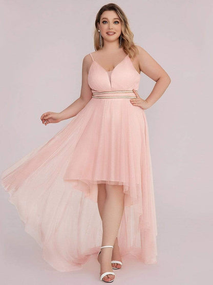 Plus Size V Neck High-low Hem Pleated Tulle Prom Dress #color_Pink 