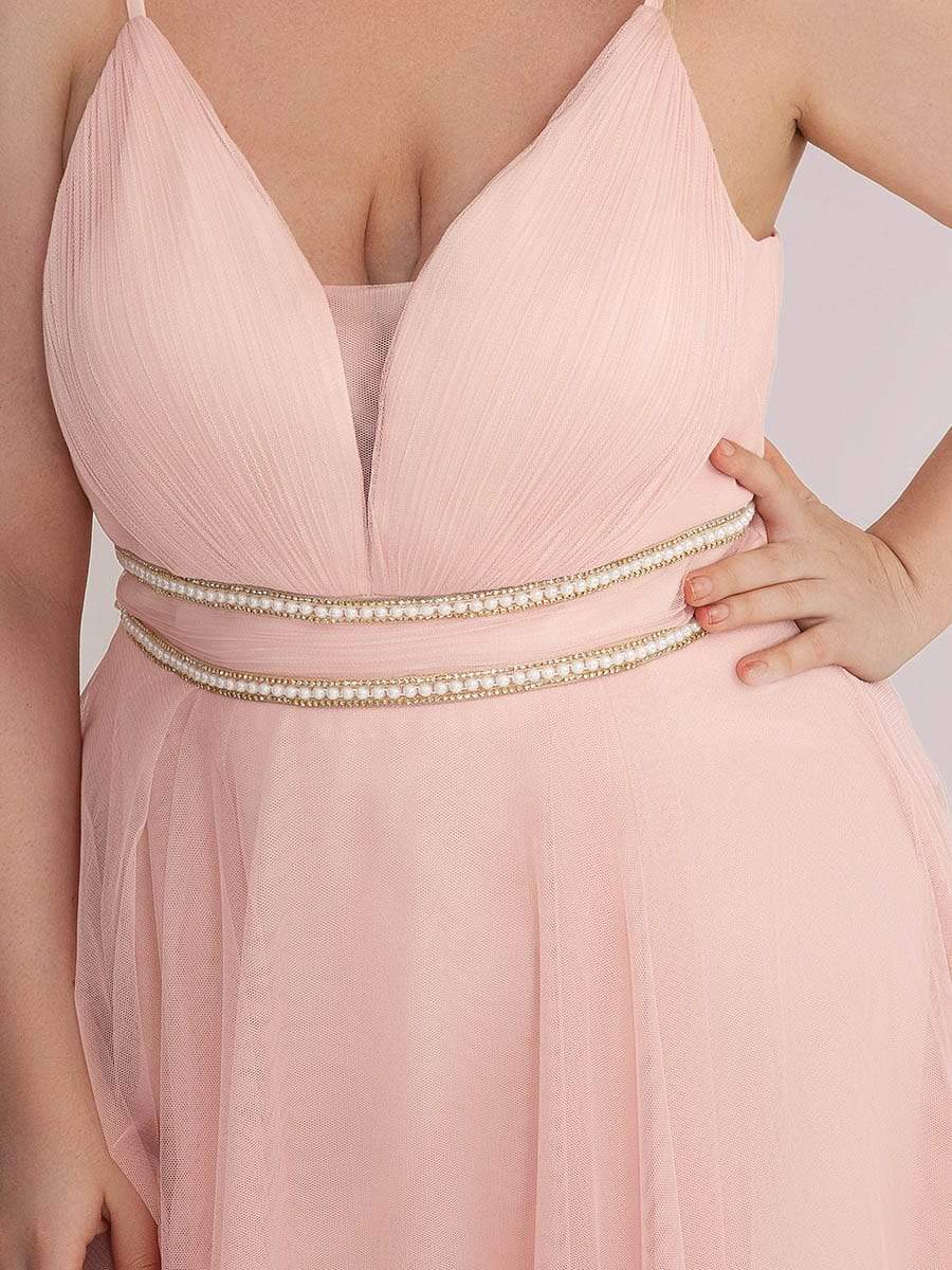 Plus Size V Neck High-low Hem Pleated Tulle Prom Dress #color_Pink 