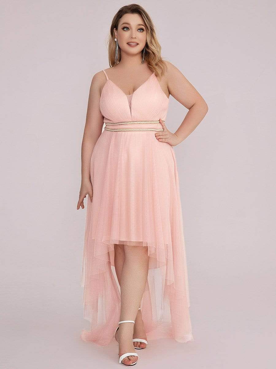 Plus Size V Neck High-low Hem Pleated Tulle Prom Dress #color_Pink 