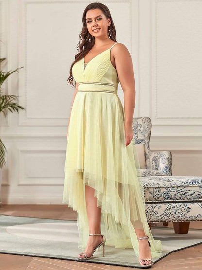 Plus Size V Neck High-low Hem Pleated Tulle Prom Dress #color_Yellow 