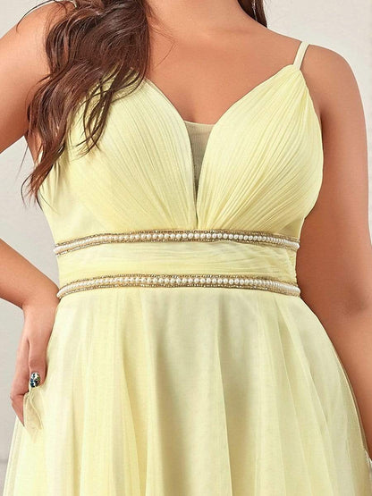 Plus Size V Neck High-low Hem Pleated Tulle Prom Dress #color_Yellow 