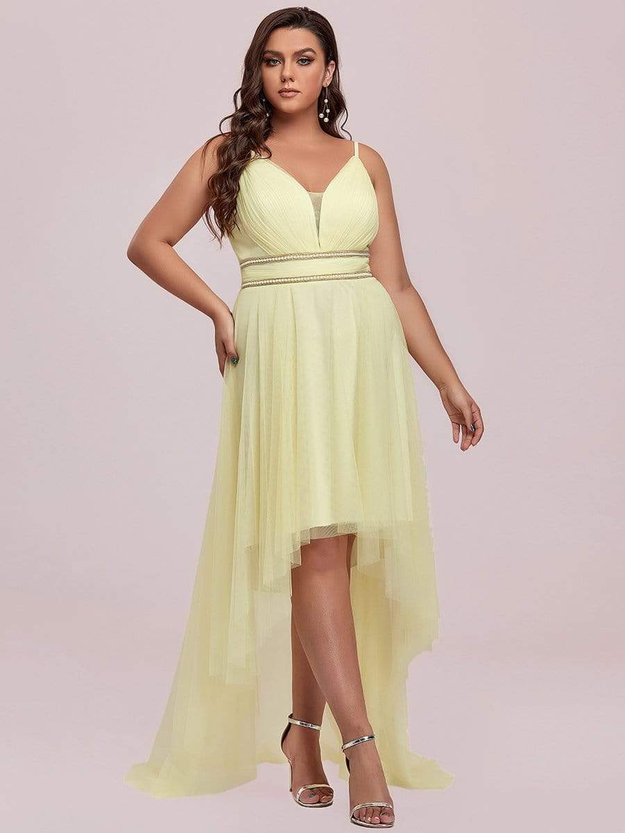 Plus Size V Neck High-low Hem Pleated Tulle Prom Dress #color_Yellow 