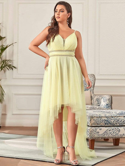 Plus Size V Neck High-low Hem Pleated Tulle Prom Dress #color_Yellow 