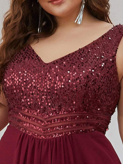 Elegant Paillette & Chiffon V-Neck A-Line Sleeveless Plus Size Evening Dresses #color_Burgundy