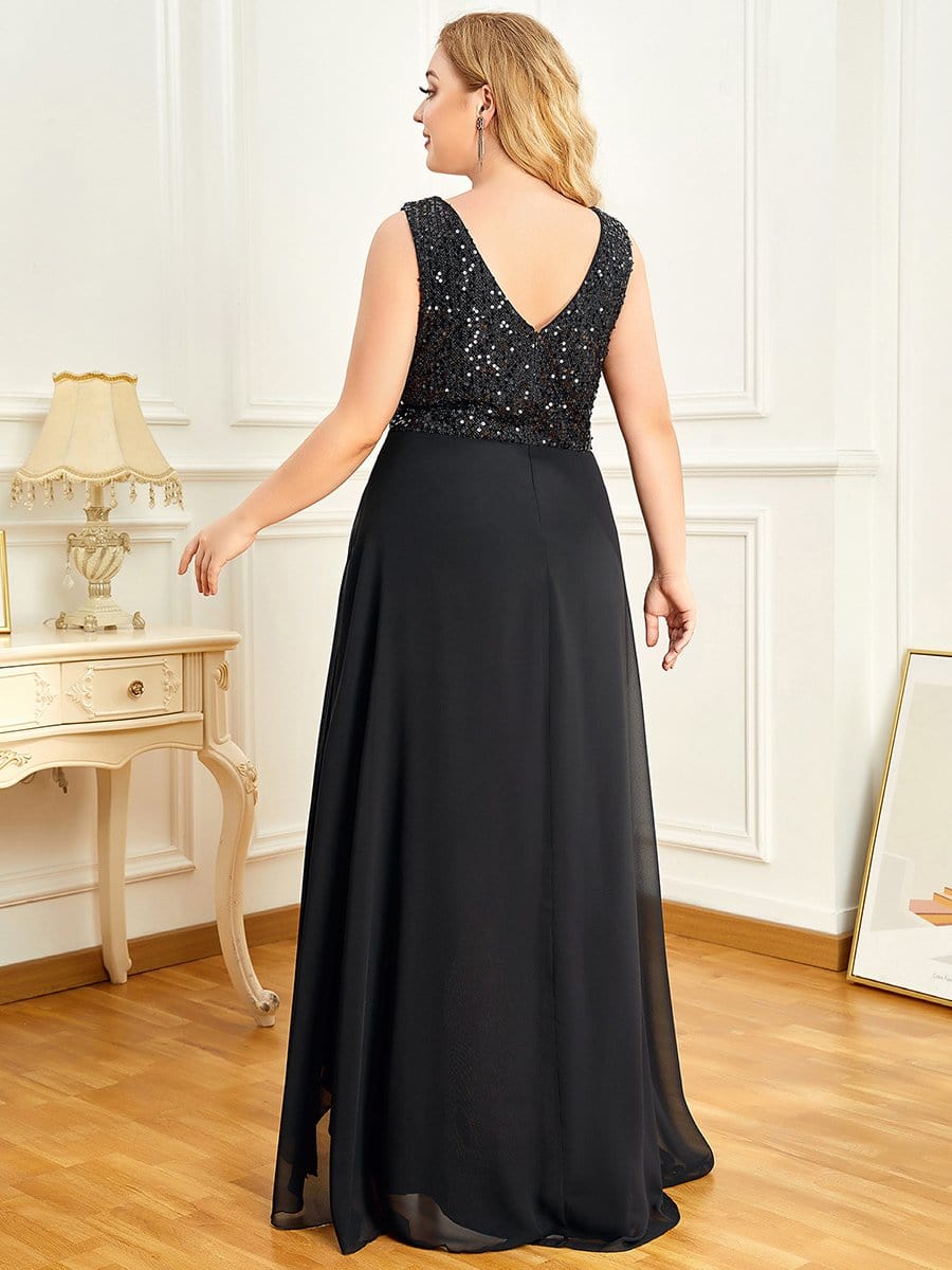 Elegant Paillette & Chiffon V-Neck A-Line Sleeveless Plus Size Evening Dresses #color_Black