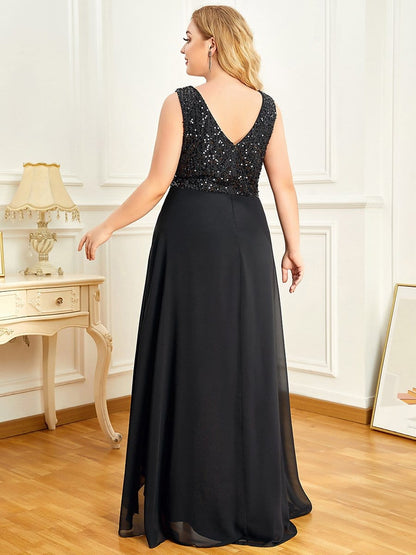 Elegant Paillette & Chiffon V-Neck A-Line Sleeveless Plus Size Evening Dresses #color_Black