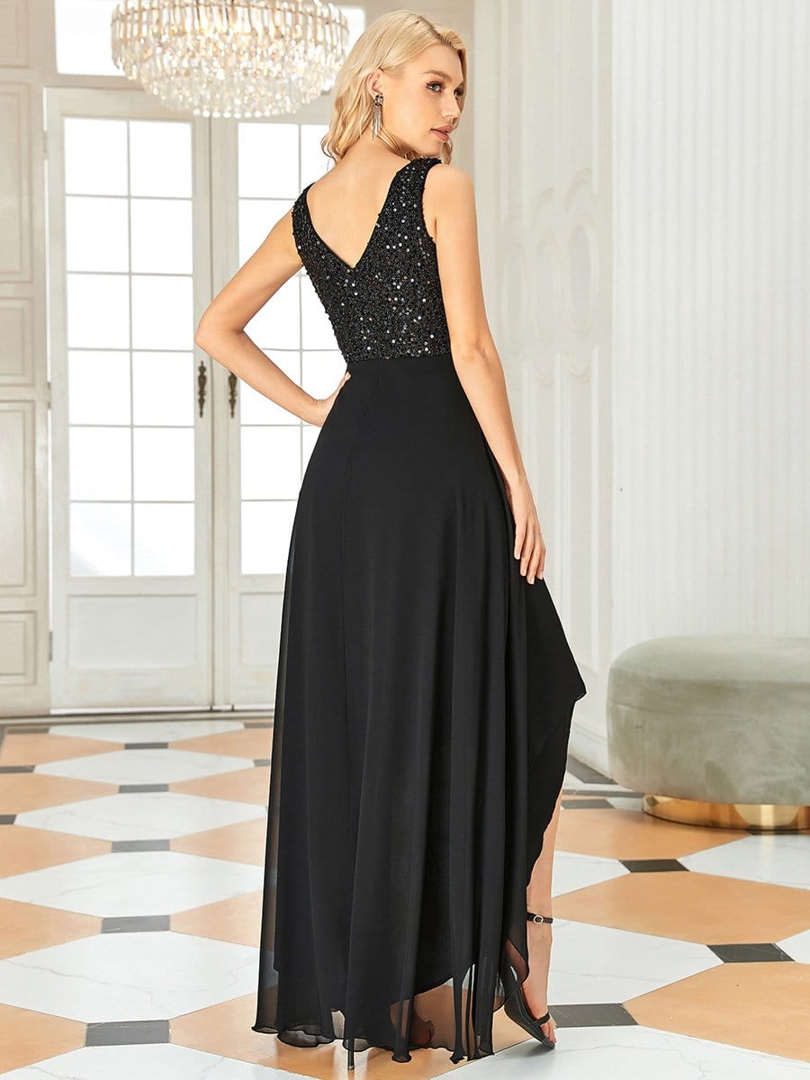 Elegant Paillette & Chiffon V-Neck A-Line Sleeveless Plus Size Evening Dresses #color_Black