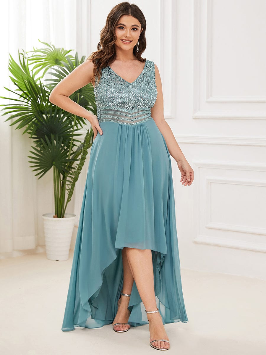 Elegant Paillette & Chiffon V-Neck A-Line Sleeveless Plus Size Evening Dresses #color_Dusty Blue