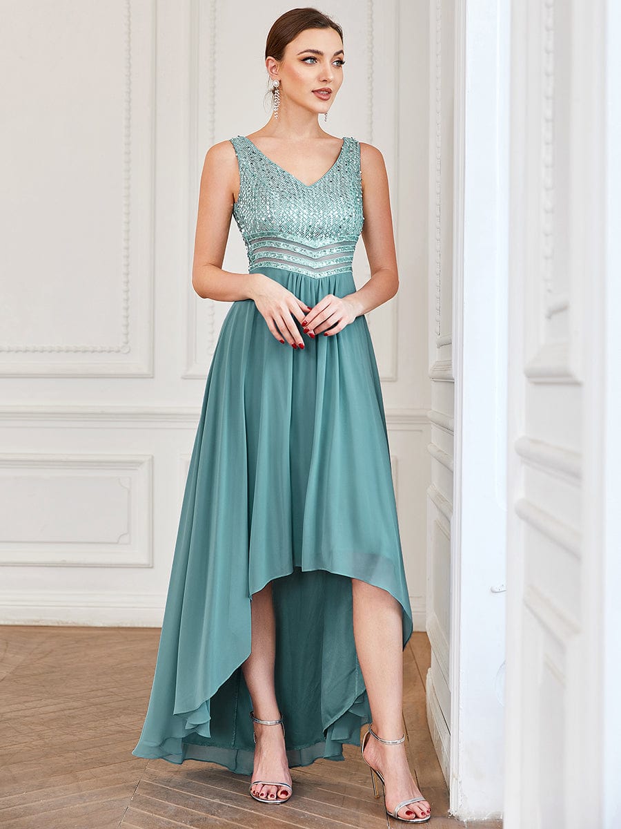 Elegant Paillette & Chiffon V-Neck A-Line Sleeveless Plus Size Evening Dresses #color_Dusty Blue