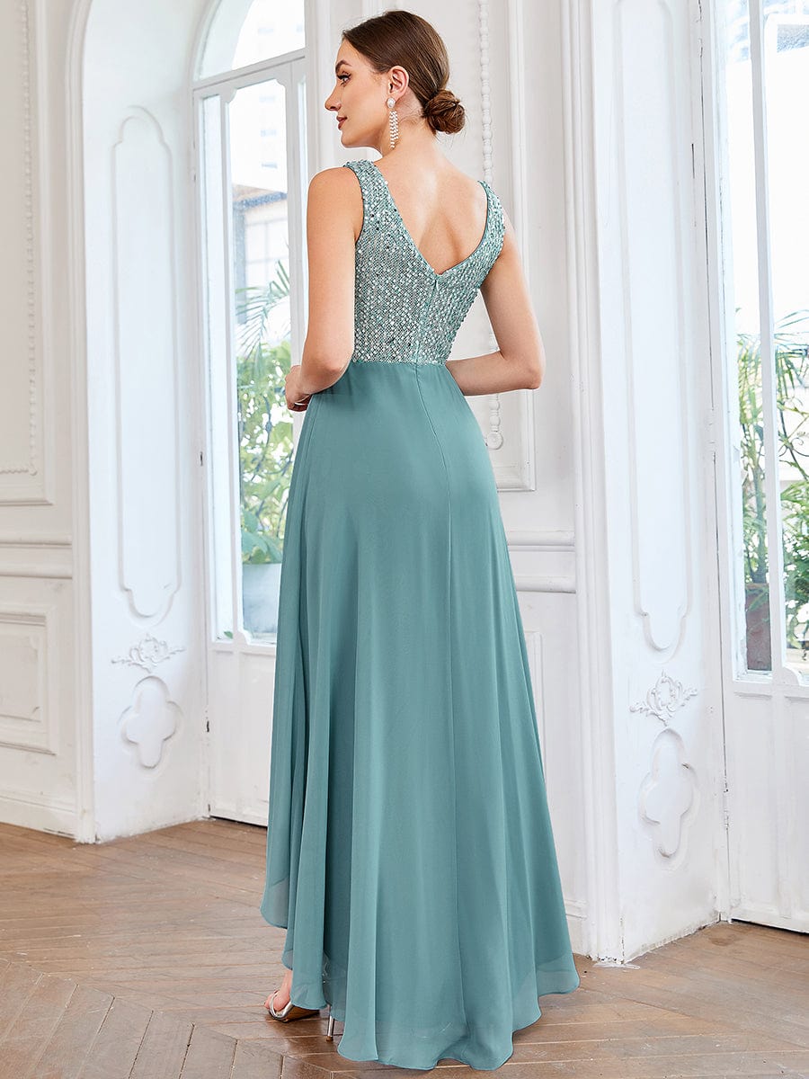 Elegant Paillette & Chiffon V-Neck A-Line Sleeveless Plus Size Evening Dresses #color_Dusty Blue