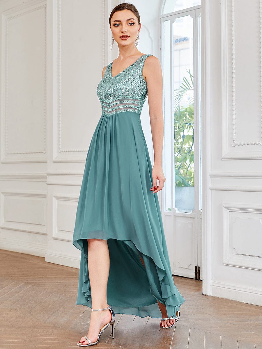 Elegant Paillette & Chiffon V-Neck A-Line Sleeveless Plus Size Evening Dresses #color_Dusty Blue