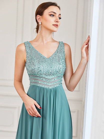 Elegant Paillette & Chiffon V-Neck A-Line Sleeveless Plus Size Evening Dresses #color_Dusty Blue