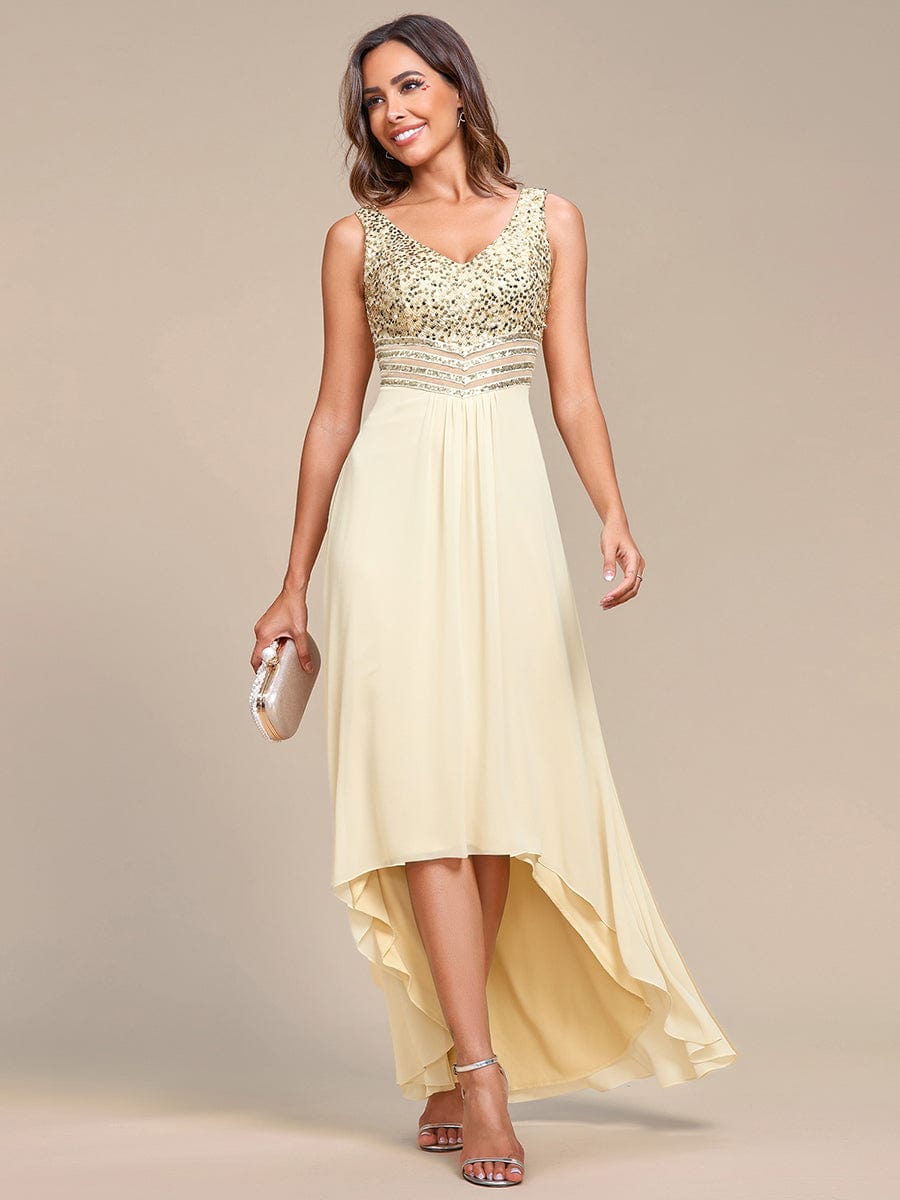 Elegant Paillette & Chiffon V-Neck A-Line Sleeveless Plus Size Evening Dresses #color_Gold