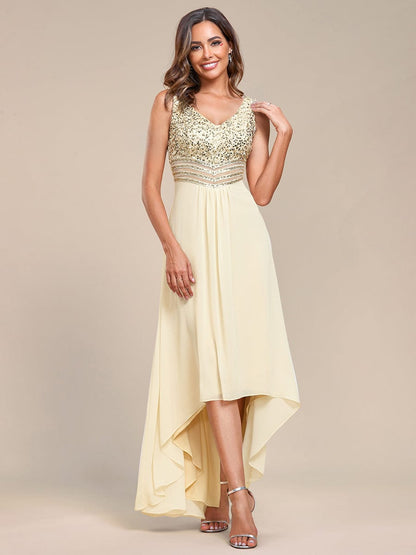 Elegant Paillette & Chiffon V-Neck A-Line Sleeveless Plus Size Evening Dresses #color_Gold