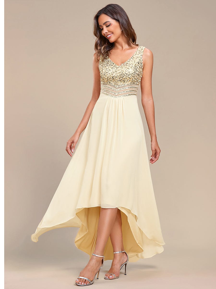 Elegant Paillette & Chiffon V-Neck A-Line Sleeveless Plus Size Evening Dresses #color_Gold