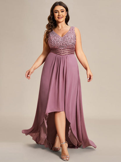 Elegant Paillette & Chiffon V-Neck A-Line Sleeveless Plus Size Evening Dresses #color_Purple Orchid