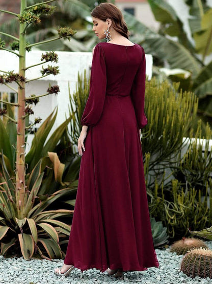 Elegant Chiffon V-Neckline Long Sleeve Formal Evening Dress #color_Burgundy