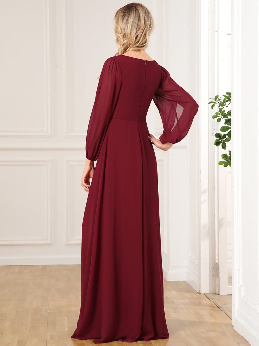 Elegant Chiffon V-Neckline Long Sleeve Formal Evening Dress #color_Burgundy