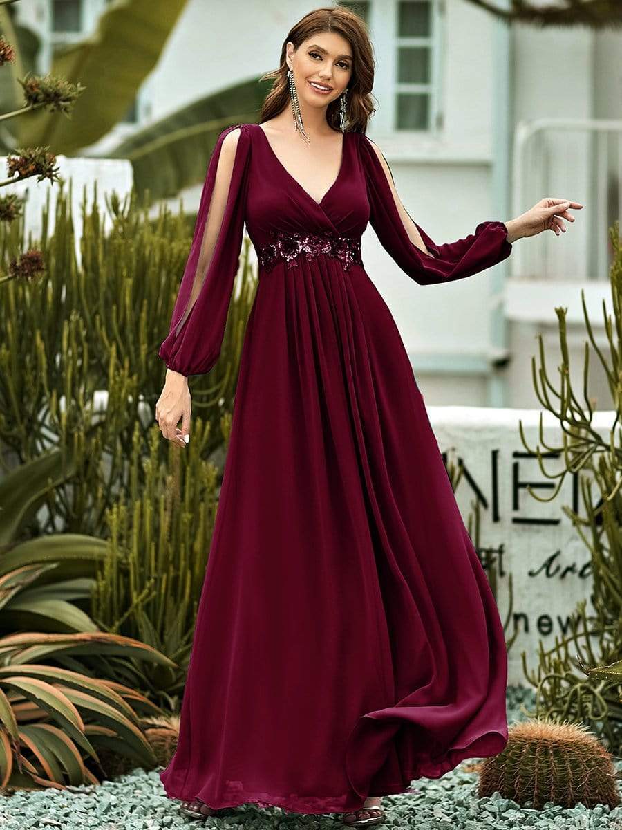 Elegant Chiffon V-Neckline Long Sleeve Formal Evening Dress #color_Burgundy