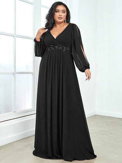 Elegant Chiffon V-Neckline Long Sleeve Formal Evening Dress #color_Black