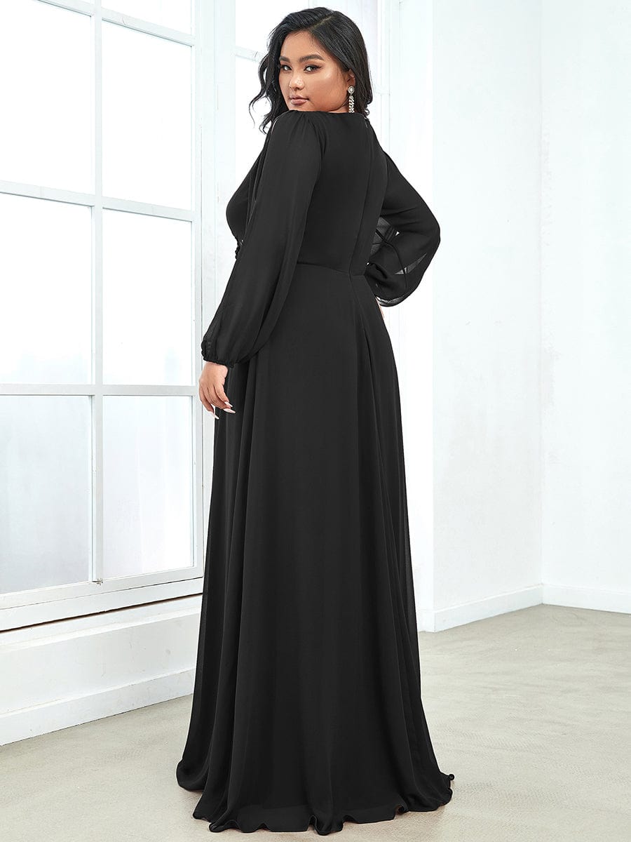 Elegant Chiffon V-Neckline Long Sleeve Formal Evening Dress #color_Black