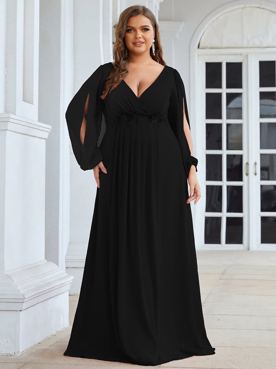 Elegant Chiffon V-Neckline Long Sleeve Formal Evening Dress #color_Black