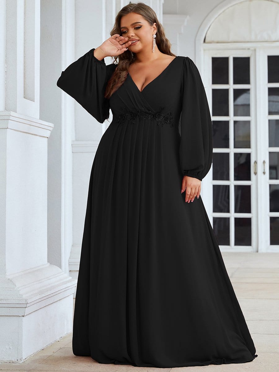 Stylish Plus Size Chiffon Formal Evening Dresses with Long Lantern Sleeves #color_Black