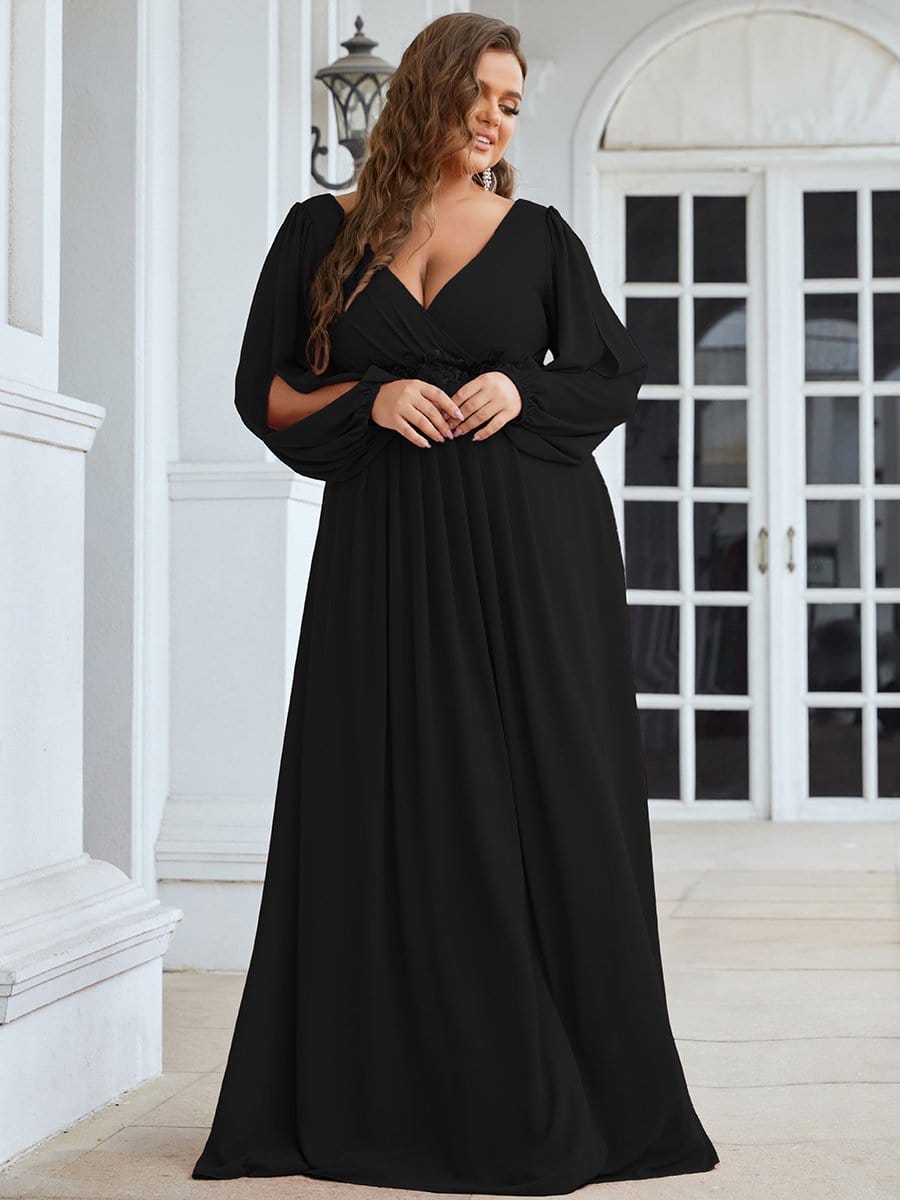 Stylish Plus Size Chiffon Formal Evening Dresses with Long Lantern Sleeves #color_Black