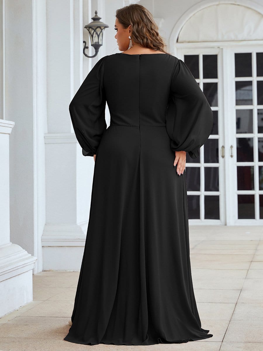 Elegant Chiffon V-Neckline Long Sleeve Formal Evening Dress #color_Black