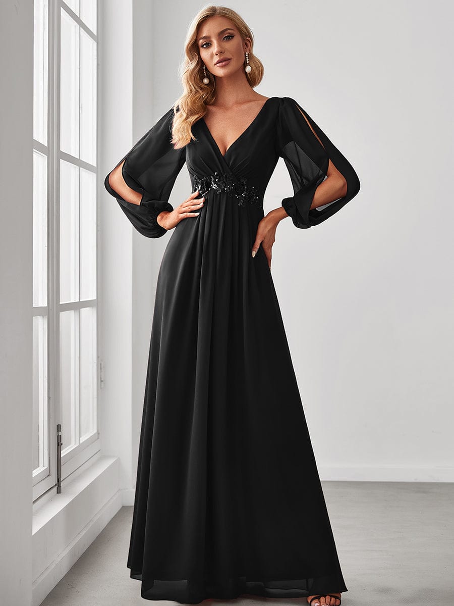 Elegant Chiffon V-Neckline Long Sleeve Formal Evening Dress #color_Black