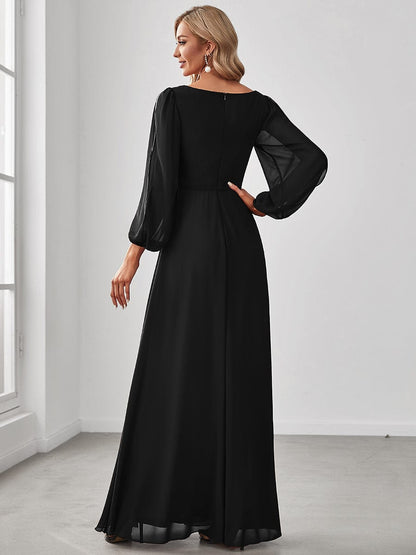 Elegant Chiffon V-Neckline Long Sleeve Formal Evening Dress #color_Black