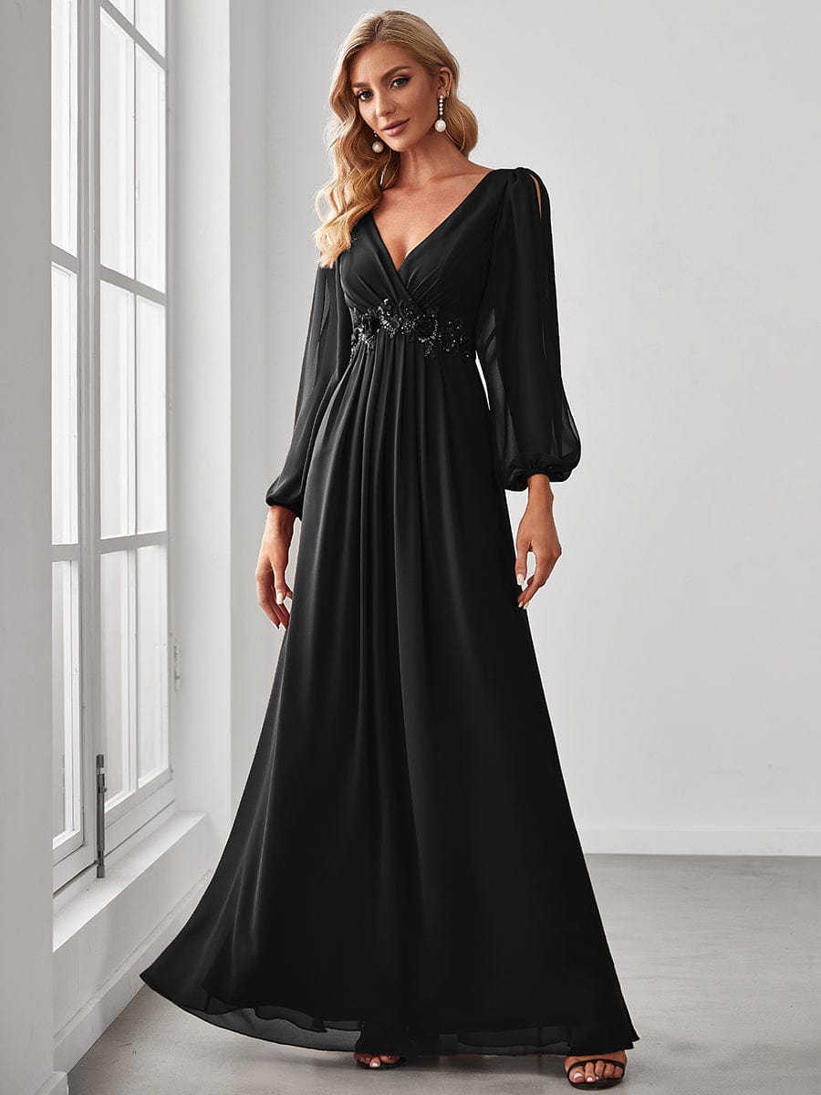 Elegant Chiffon V-Neckline Long Sleeve Formal Evening Dress #color_Black