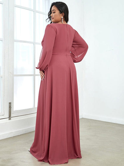 Waist Sequin Applique Chiffon Hollow Long Sleeve Evening Dress #color_Cameo Brown