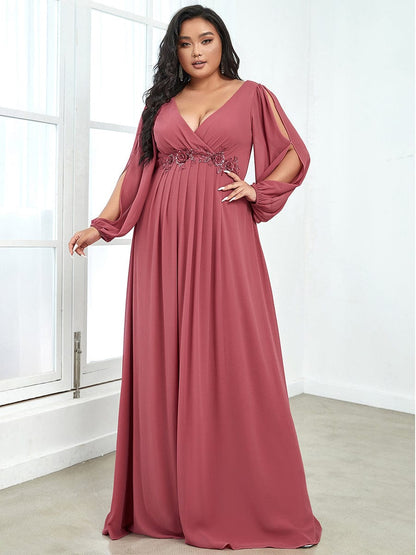 Waist Sequin Applique Chiffon Hollow Long Sleeve Evening Dress #color_Cameo Brown