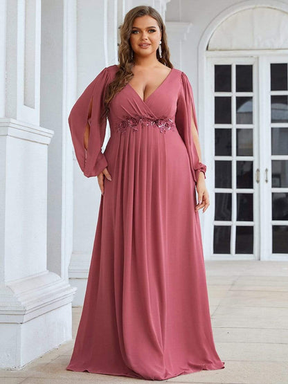 Stylish Plus Size Chiffon Formal Evening Dresses with Long Lantern Sleeves #color_Cameo Brown