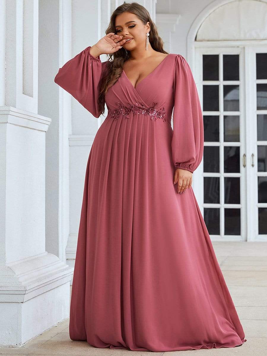 Stylish Plus Size Chiffon Formal Evening Dresses with Long Lantern Sleeves #color_Cameo Brown