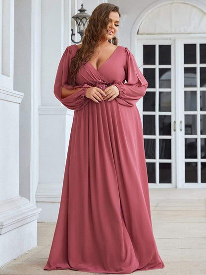 Stylish Plus Size Chiffon Formal Evening Dresses with Long Lantern Sleeves #color_Cameo Brown