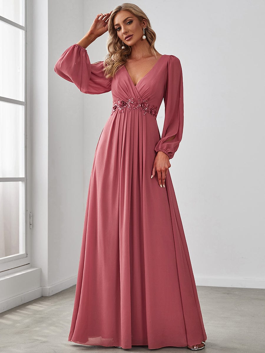 Waist Sequin Applique Chiffon Hollow Long Sleeve Evening Dress #color_Cameo Brown