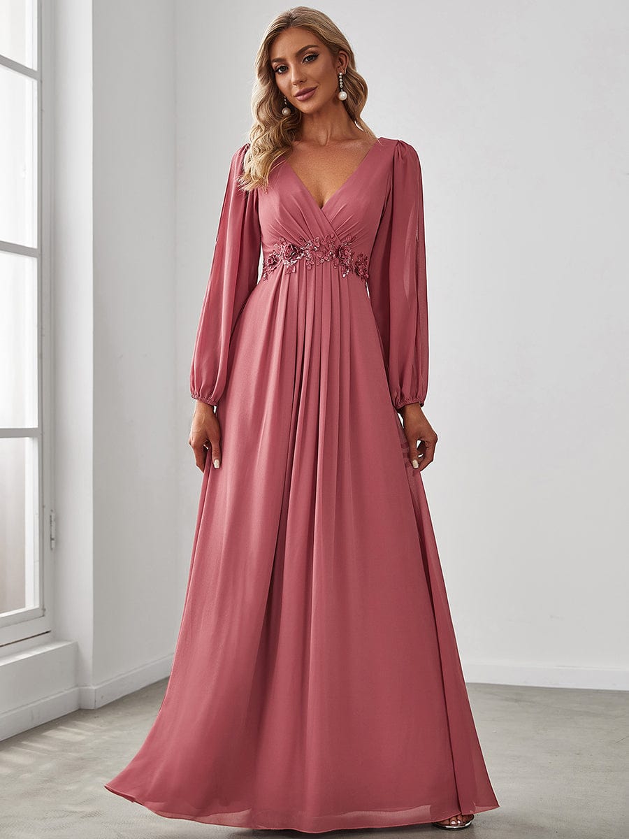 Waist Sequin Applique Chiffon Hollow Long Sleeve Evening Dress #color_Cameo Brown