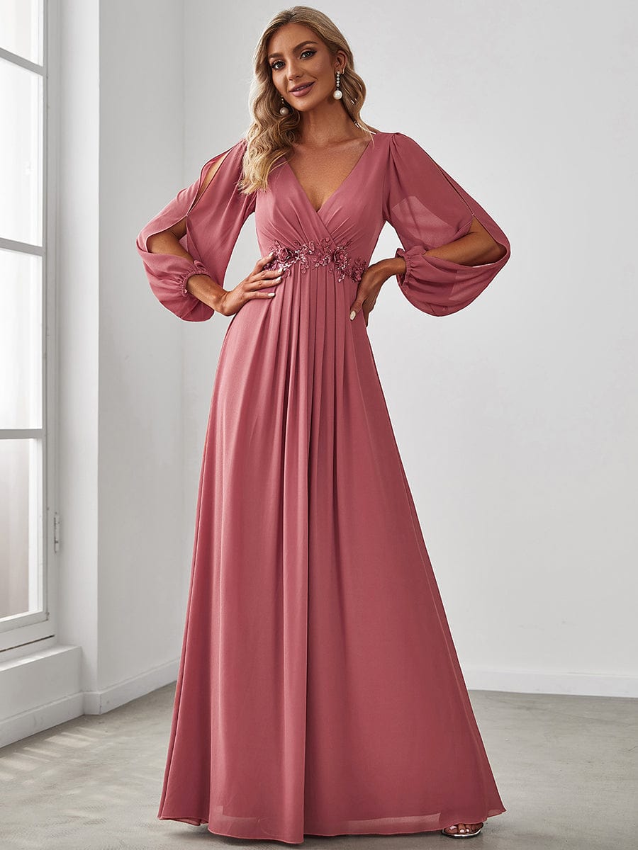 Waist Sequin Applique Chiffon Hollow Long Sleeve Evening Dress #color_Cameo Brown